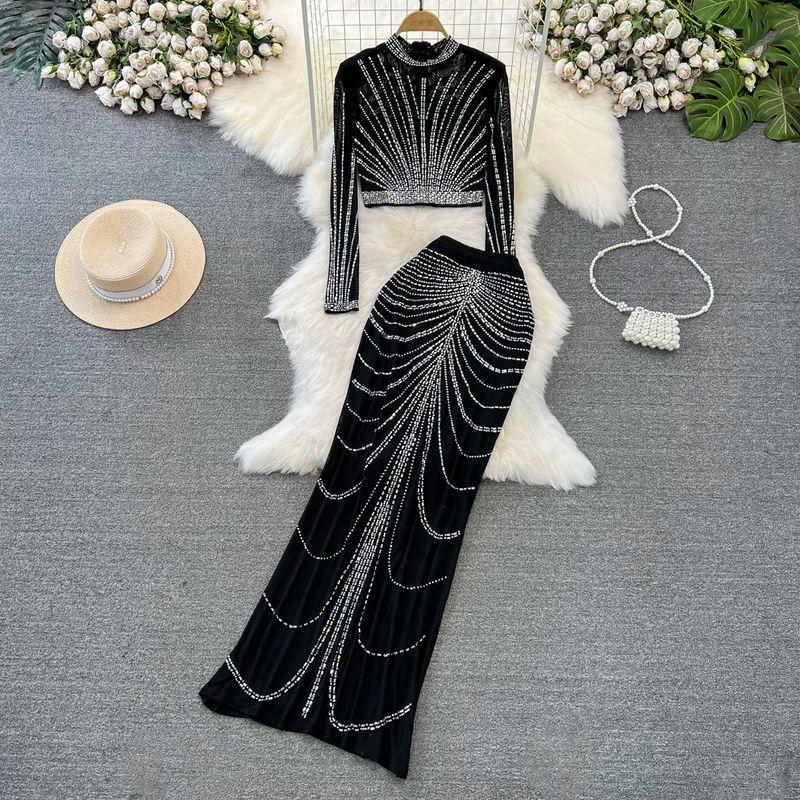 

Diamond Stand-Collar Gauze Fishtail Skirt Fashion Suit Black All yards
