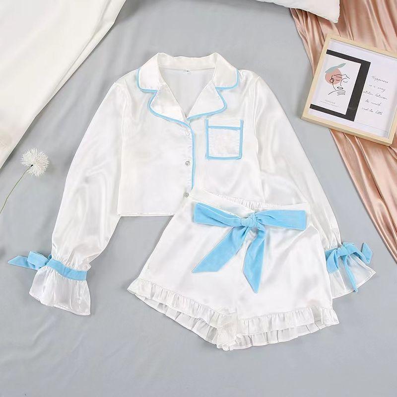 

Fashion Wind Long Sleeves Contrast Color Tops Ruffles Shorts Suit Contrast Top and Shorts Suit Blue and White Patchwork S