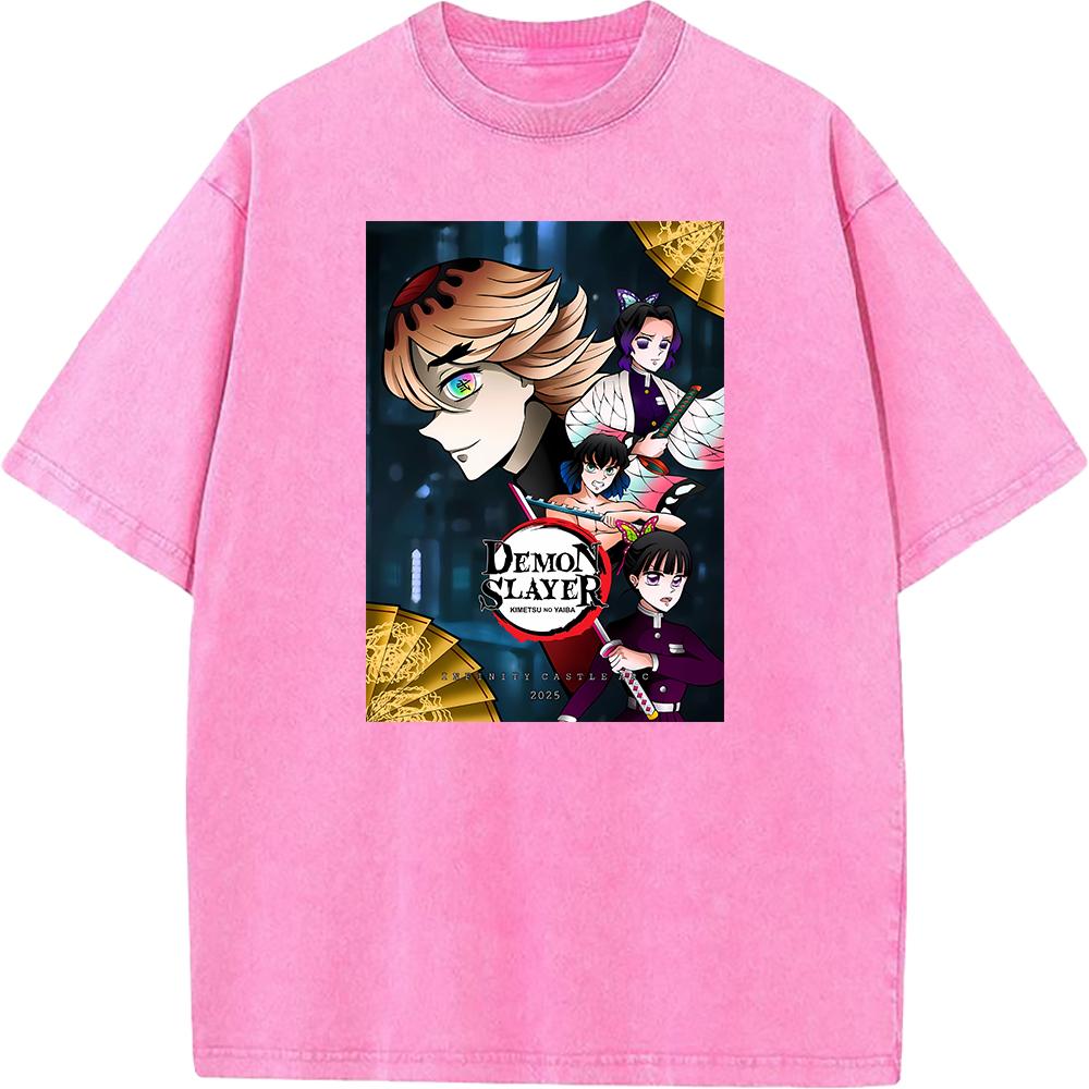 Demon Slayer Kochou Shinobu Inosuke Anime Clothing Men Women Retro Washed T-shirts Manga Cotton Tshirt Harajuku Male T Shirt
