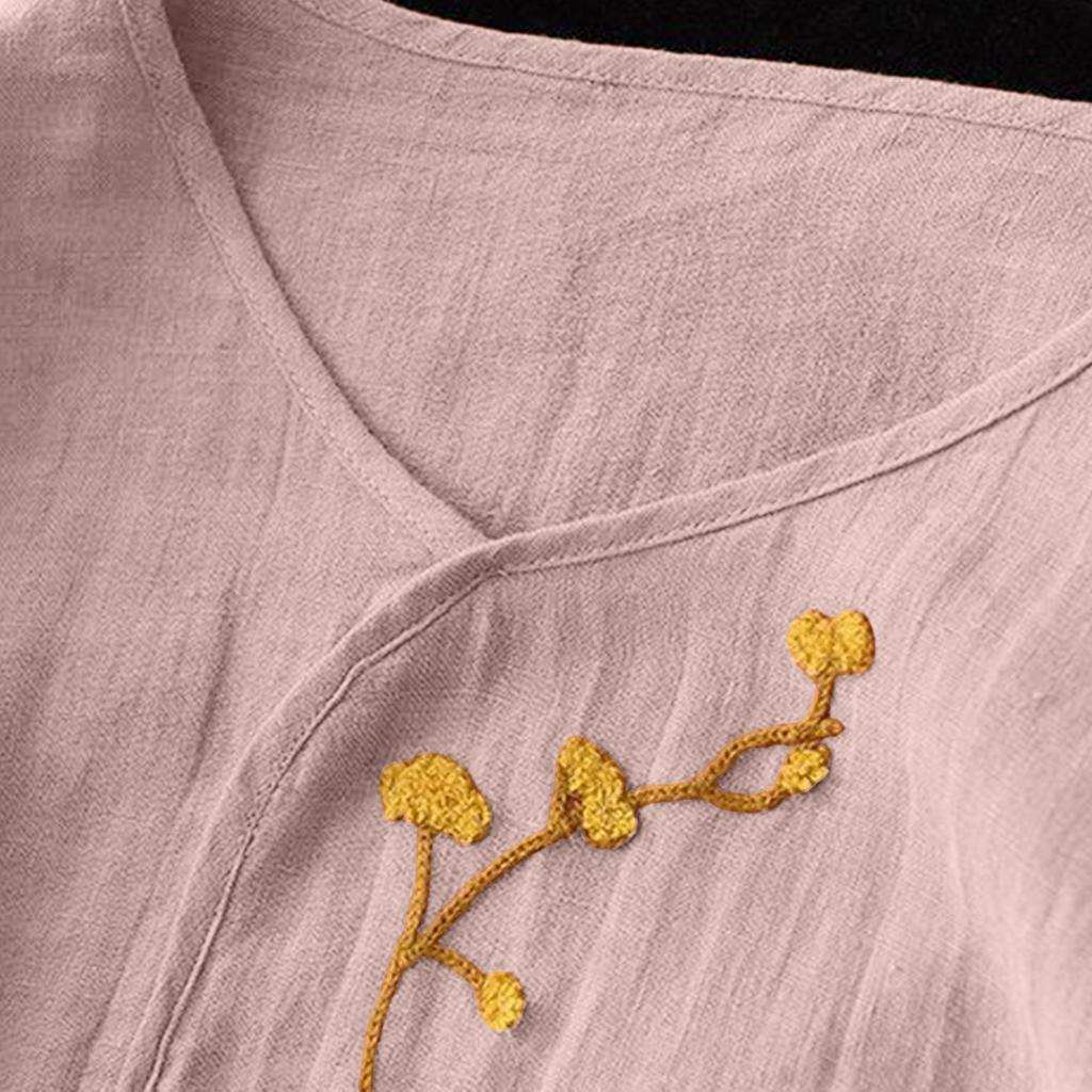 Damfärg Casual Broderi Andningsbar Lös Bomulls- och Linnetopp