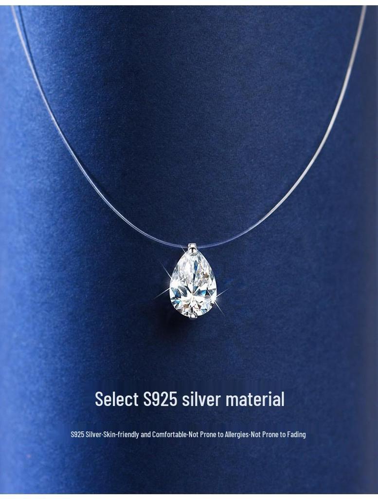 S925 Sterling Silver Invisible Clavicle Necklace with Elegant Mermaid's Tear Crystal Pendant.