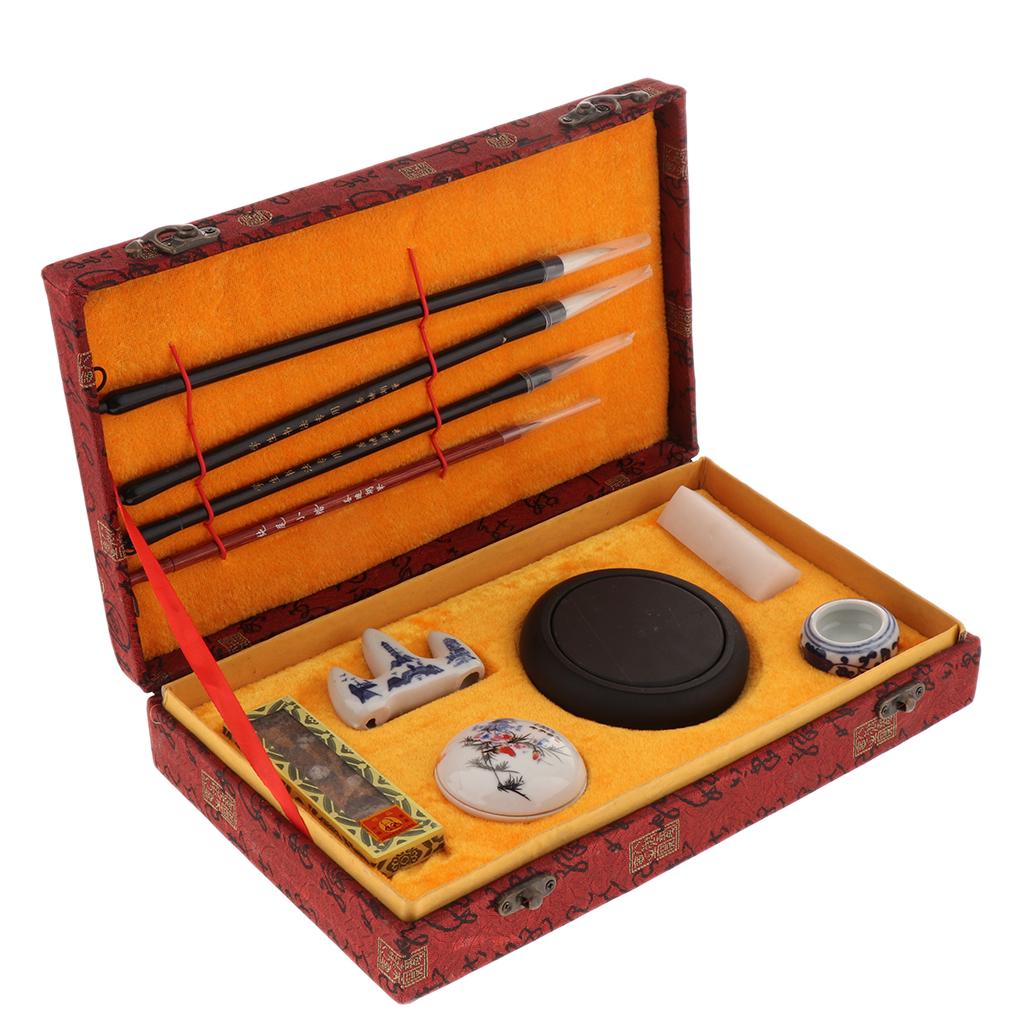 Buy Chinese Writing Set Calligraphy Tools with 4 Brushes Inkstone Ink Stick Case at affordable