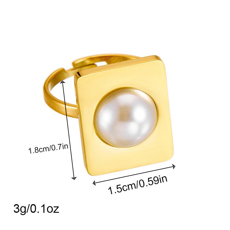 Gold Plated Stainless Steel Square Pearl Open Statement Ring for Women
