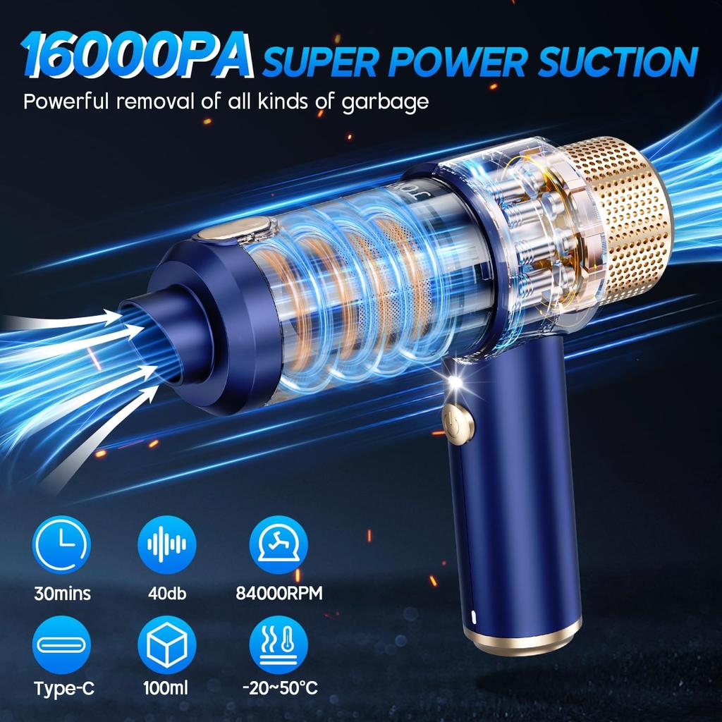 JONYJ Handheld Car Vacuum Cleaner, 16000PA Hand Held Vacuum Portable Cordless, 2 In 1 Air Duster and Vacuum Cleaner with LED Light, Multi-Nozzles,