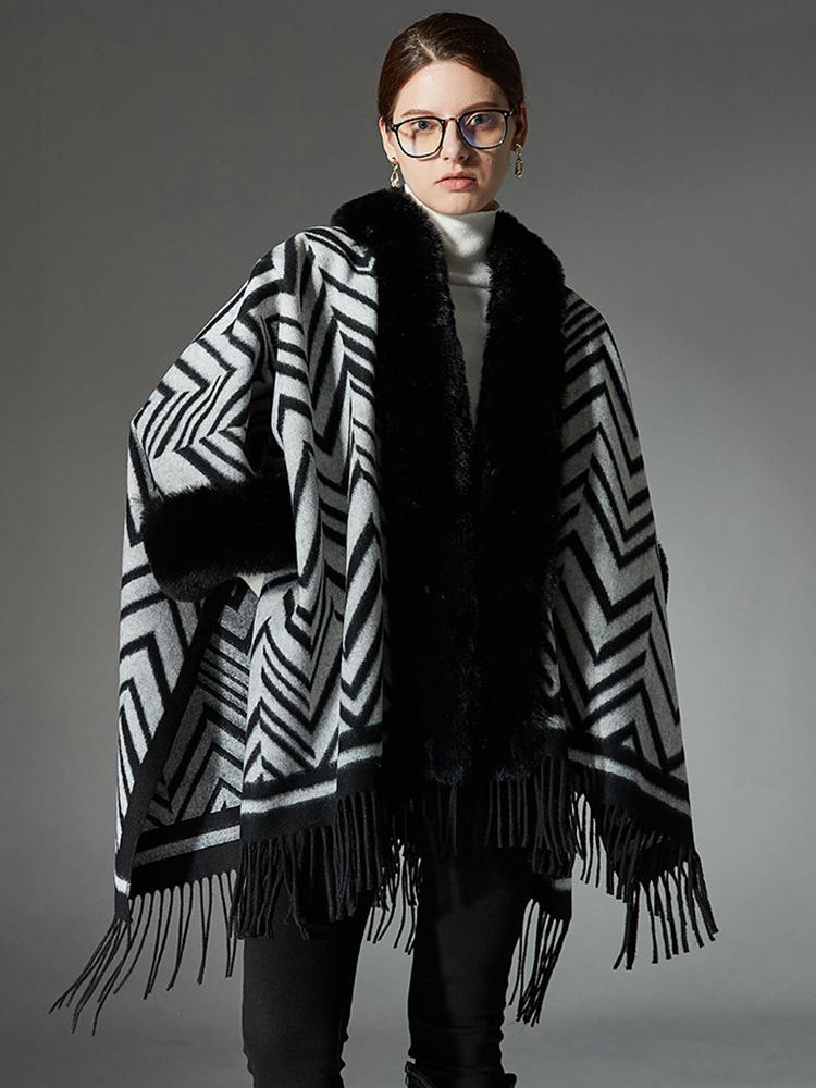 Winter Scarf Women Lady Layers Poncho Elegant Luxury Faux Fur Collar Striped Tassel Shawls Scarve Capa Para Mujer Fashion Coat