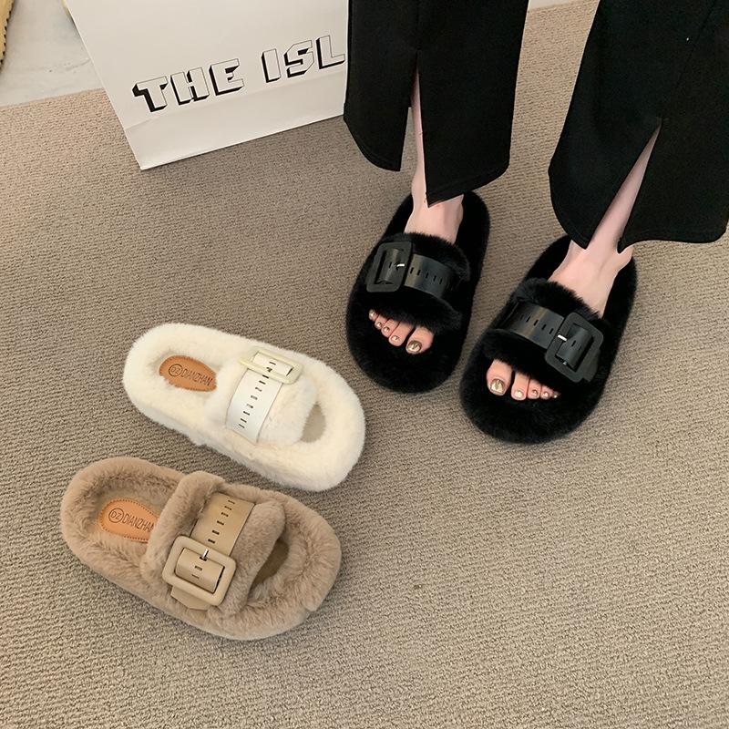Mao Mao slippers women's wear 2025 autumn and winter new Korean version of one-word slippers fashion belt buckle plush cotton slippers