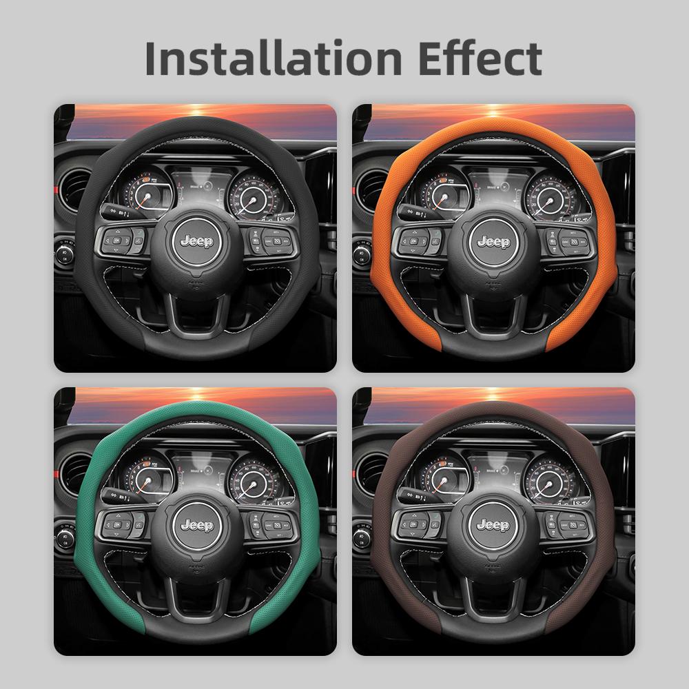 Suitable for Jeep Perforated Leather Steering Wheel Cover, Non-Slip, Sweat-Absorbent, Breathable, Integrated Snap-On Protective Case for Wrangler