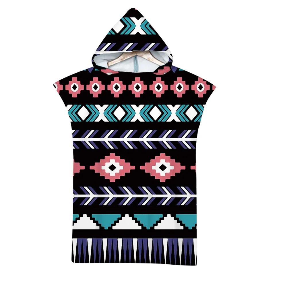Geometric Beach Towel Soft Microfiber Quick Dry Large Bath Towels Hooded Cloak Wetsuit Adult Kid Poncho Bathrobe For Swim Surf