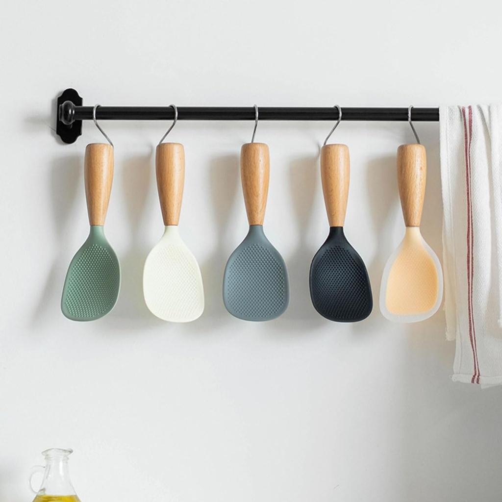 1pc Silicone Rice Serving Spoons with Wooden Handle Heat Resistant Rice Spoon Nonstick Standing Rice Ladle Scooper