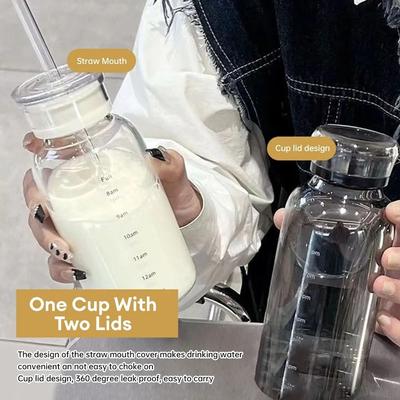 350/550/750ml Glas-Wasserflasche mit großer Kapazität und Zeitanzeige, doppelwandiger Deckel mit Schutzhülle, Glasbecher mit Deckel und Strohhalm