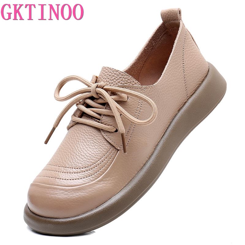 Fashion GKTINOO Genuine Cow Leather Loafers Soft Sole Flats Women Shoes 2024 Autumn Round Toe Lace Up Casual Sneakers Large Size