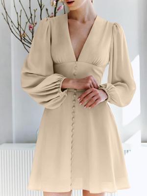 2024 Europäisches & Amerikanisches Herbst Französisches Chiffon V-Ausschnitt Taillenbetontes Pendlerkleid, Neuer Trendiger Kurzer Rock