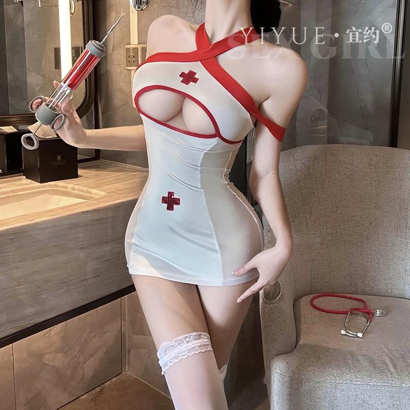 Original Erotic Underwear Sexy Nurse Mesh See-through Pleated Buttocks Pure Desire Uniform Seductive Set 1454