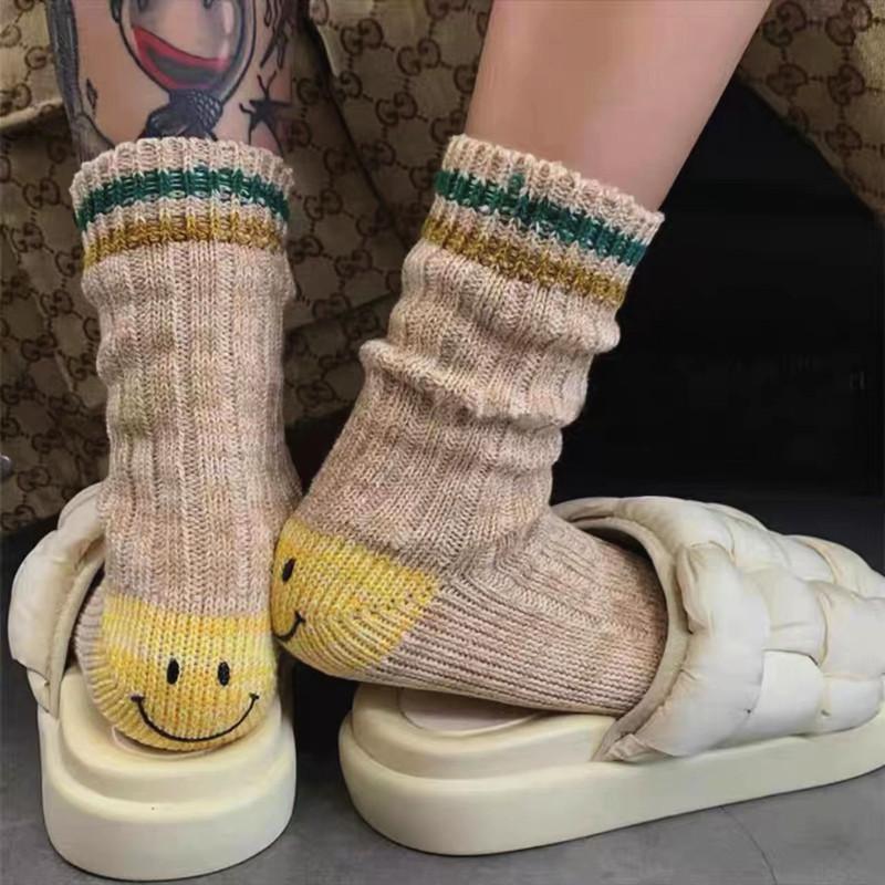 Hirata And Hiroshi Wool Thick Needle Smiley Face Heel Thick Workwear Color-Blocking Striped Mid-Leg Socks Trendy Socks
