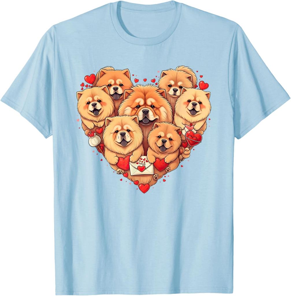 Chow Chow Heart Valentine Dogs Graphic Tee Short Sleeve Crewneck Casual Cotton T-Shirt for Men Women