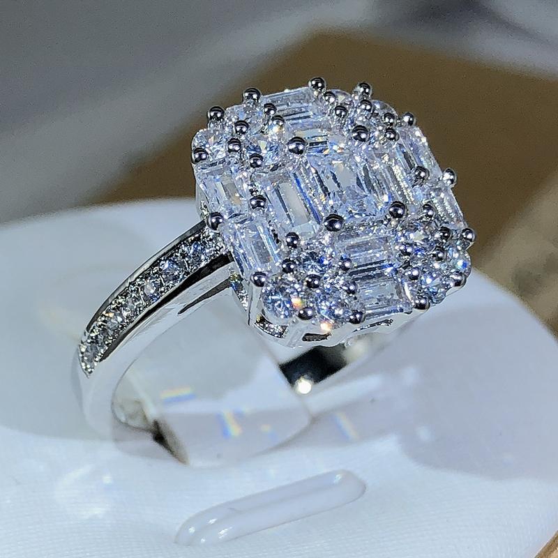 Exquisite Square Zircon Countless Claw Rings  Sterling Silver For Ladies Fashion Jewelry Party Cocktail Gift