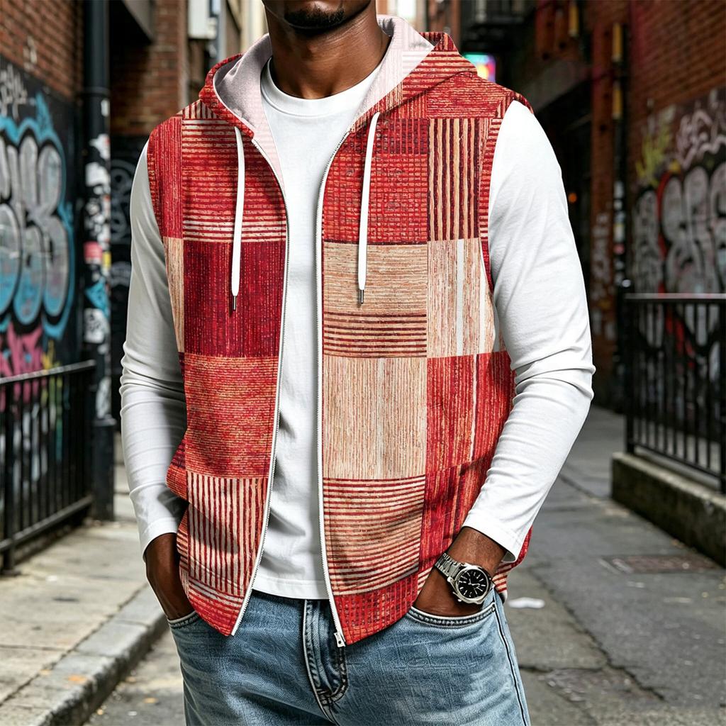 Men's Hooded Sleeveless Zip-Up Vest Casual Plaid Patchwork Print for Sports & Daily Wear