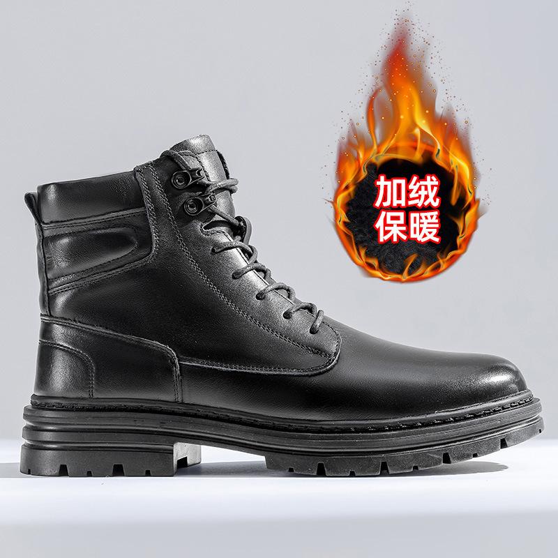 Top Layer Cowhide Men's Martin Boots, Genuine Leather Winter New Men's Leather Boots with Fleece, Warm Workwear Style Men's Boots