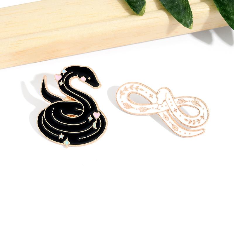 Black Snake White Enamel Pins Custom Myth Brooches Bag Clothes Lapel Pin Badge Animal Jewelry Gift For Kids Friends