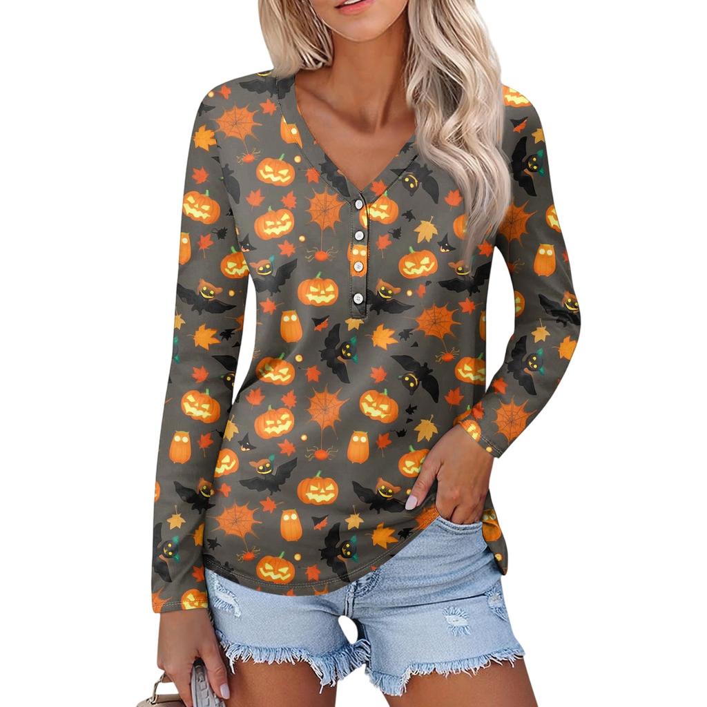 Women's Casual Fashion Sexy Comfort Halloween Printed V-Neck Button Long Sleeve
