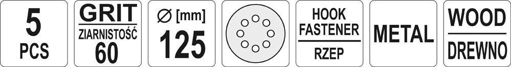 Velcro Sanding Discs with Holes 125mm, P60, 5 Pcs YT-83452 YATO