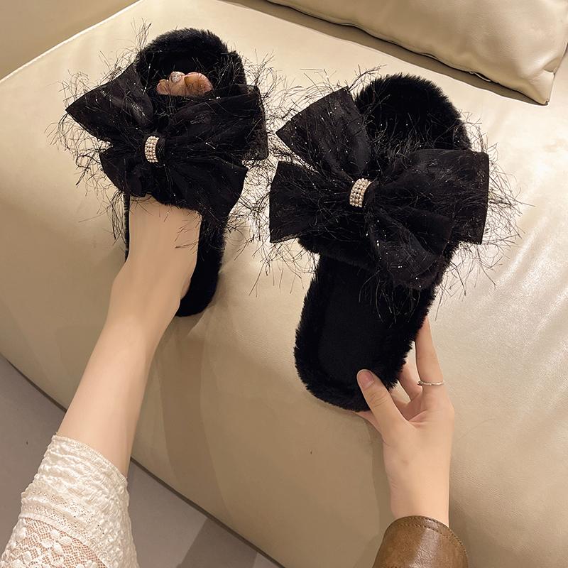 Fashion 2025 Autumn Winter Women Fashion Indoor Plush Bow Slippers Females New Lovely Bowknot Women Home Cute Warm Fluffy Light Shoes
