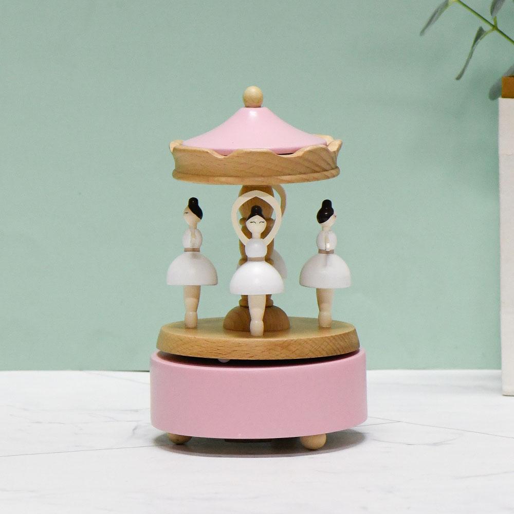 Custom Logo Wooden Music Box 18-Note Mechanical Wind-Up Rotating Carousel Ballerina Gift OEM
