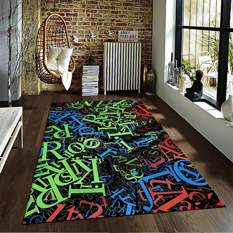 Colorful Alphabet Pattern Carpet with Vibrant Letters On Black Background Suitable for Use As an Anti-slip for Living Room Bedroom Sofas