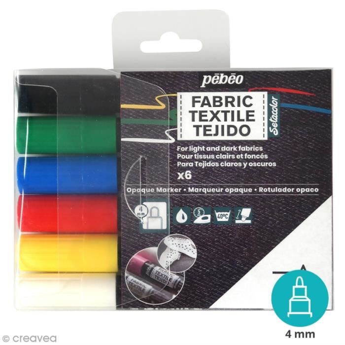 Feutres textiles Pébéo 7A - Multicolore - 6 pcs - Opaque - Indélébile