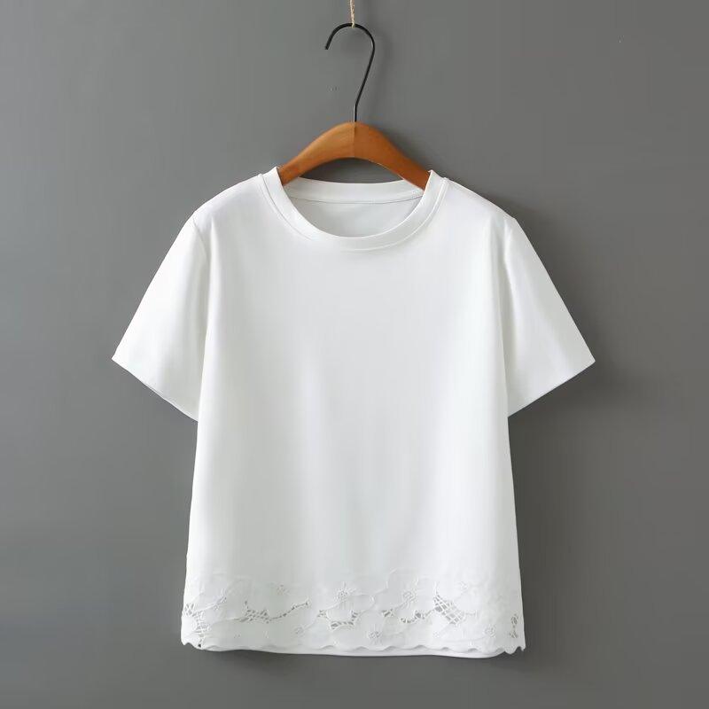 Plus Size Women Cotton Blend Short Sleeve T-Shirt Round Neck Floral Embroidery Hem Loose Slim Fit Casual Elegant Blouse Summer Daily Tops Item 23-727