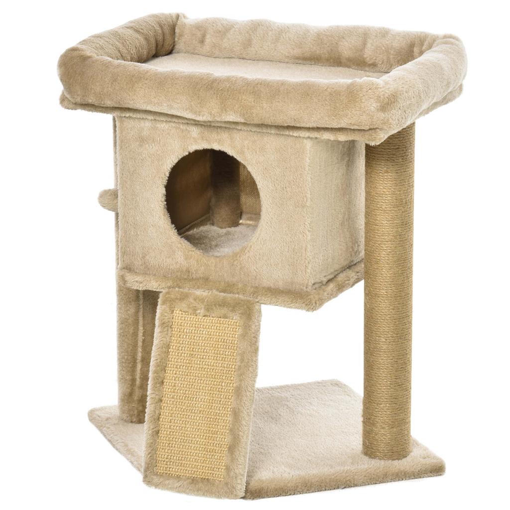 Plush Cat Tree with Cat House and Bed, Jute Scratching Post and Ball, Brown