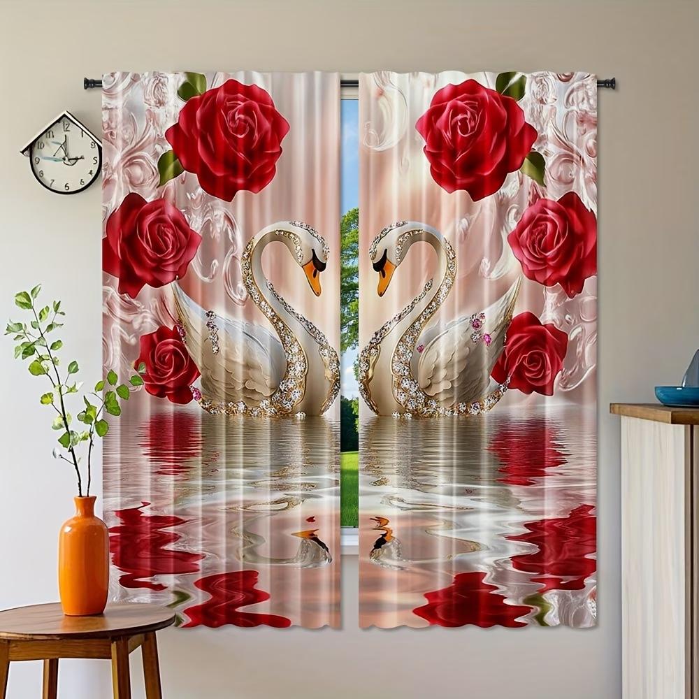 2PCS Digital Printed Curtains, Red Flower Swan Elegant Romantic Bird Floral, Window Drapes for Living Room Bedroom Home Decor