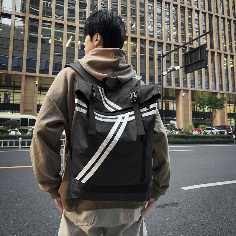 Striped Patchwork Roll-Up Backpack Men Outdoor Fitness Training Sports Bag Student School Bag