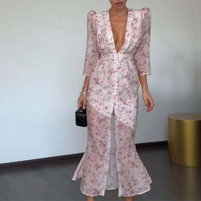 Elegant Floral V-Neck Split Hem Midi Dress 2026 Womens Sleeveless High-Waist Fit-and-Flare
