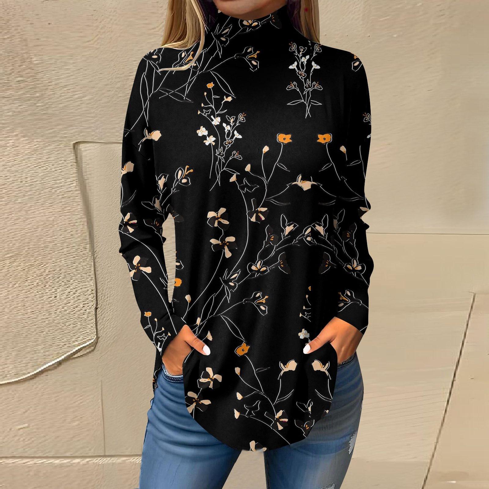 

Женская свободная футболка с высоким воротом и длинными рукавами с цветочным принтом в стиле ретро, топ-пуловер XXL кофейный