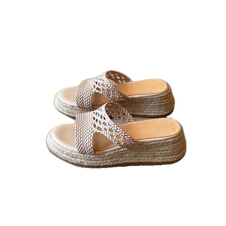 Sheepskin version~ thick-soled straw-woven soft-soled one-word sandals women's retro woven round-head leather comfortable commuter fisherman shoes