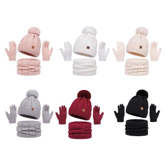 3Pcs/Set Women Winter Hat Scarf Gloves Set Twist Texture Plush Ball Decor Brimless Hat Scarf Touchscreen Glove Set