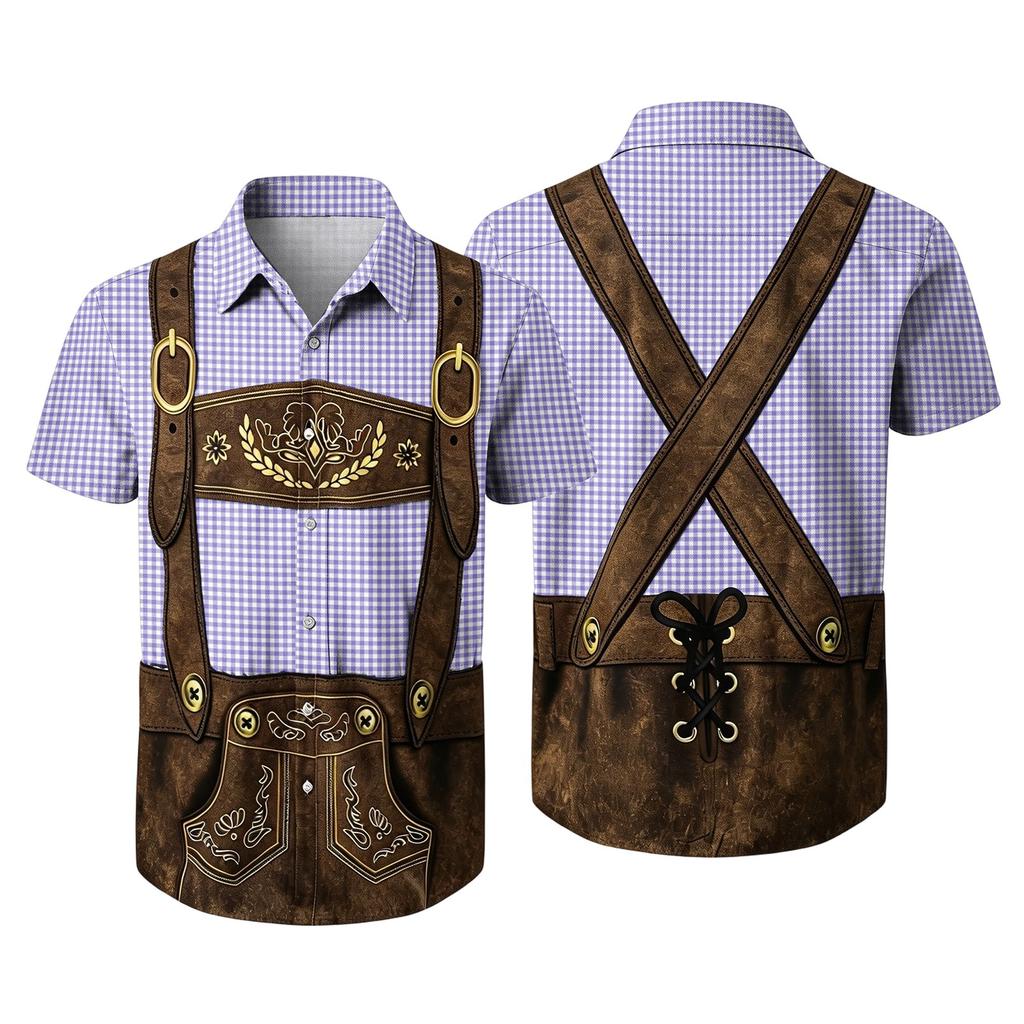 Men’s Short Sleeve Button Down Shirt with Vintage Festival Inspired Print Relaxed Fit Casual Party and Everyday Top
