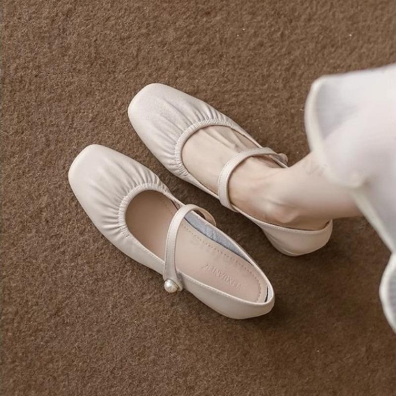 Women Mary Jane Shoes Fashion Square Toe Pleated Elegant Pearl Buckle Strap Low Heel Shoes Simple Versatile Comfort Soft Pumps