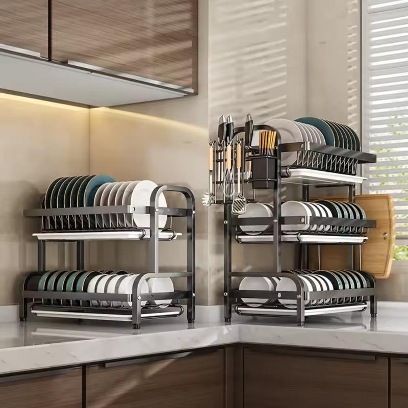 Multi-functional 3-Tier Dish Rack Kitchen Supplies Storage Rack Draining Rack with Chopsticks/Knives/Cutting Board Holder