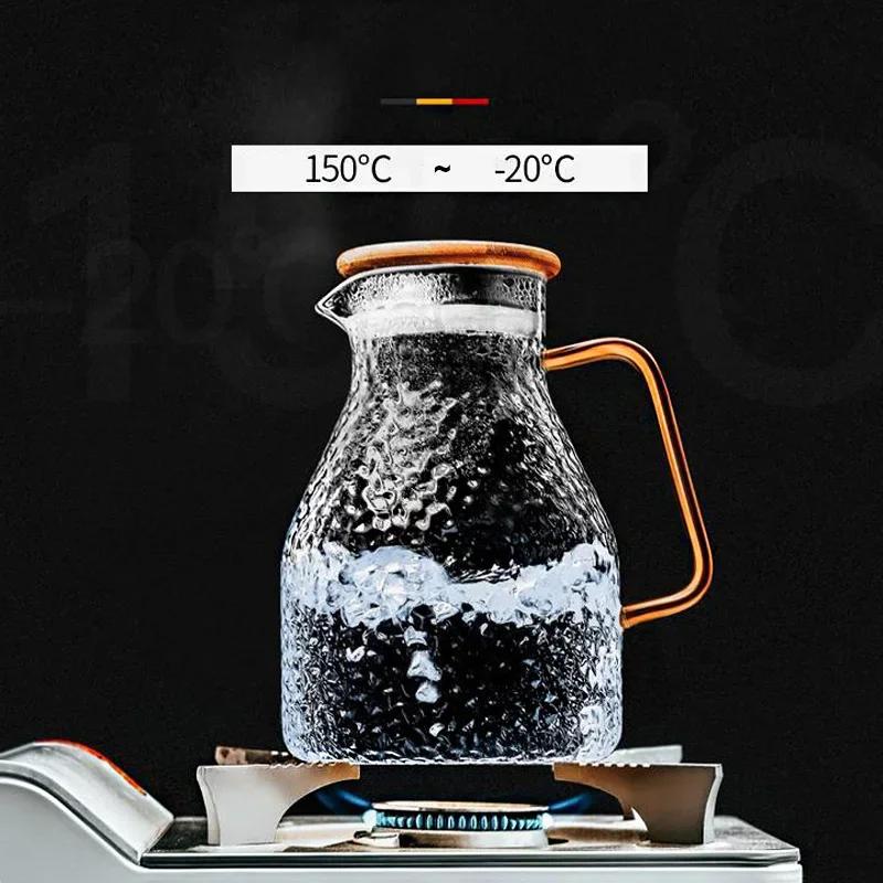 Transparent Glass Water Jug Hot/Cold Tea Pot Stainless Steel Flow Lid Carafe with Handle Heatproof Teapot Set