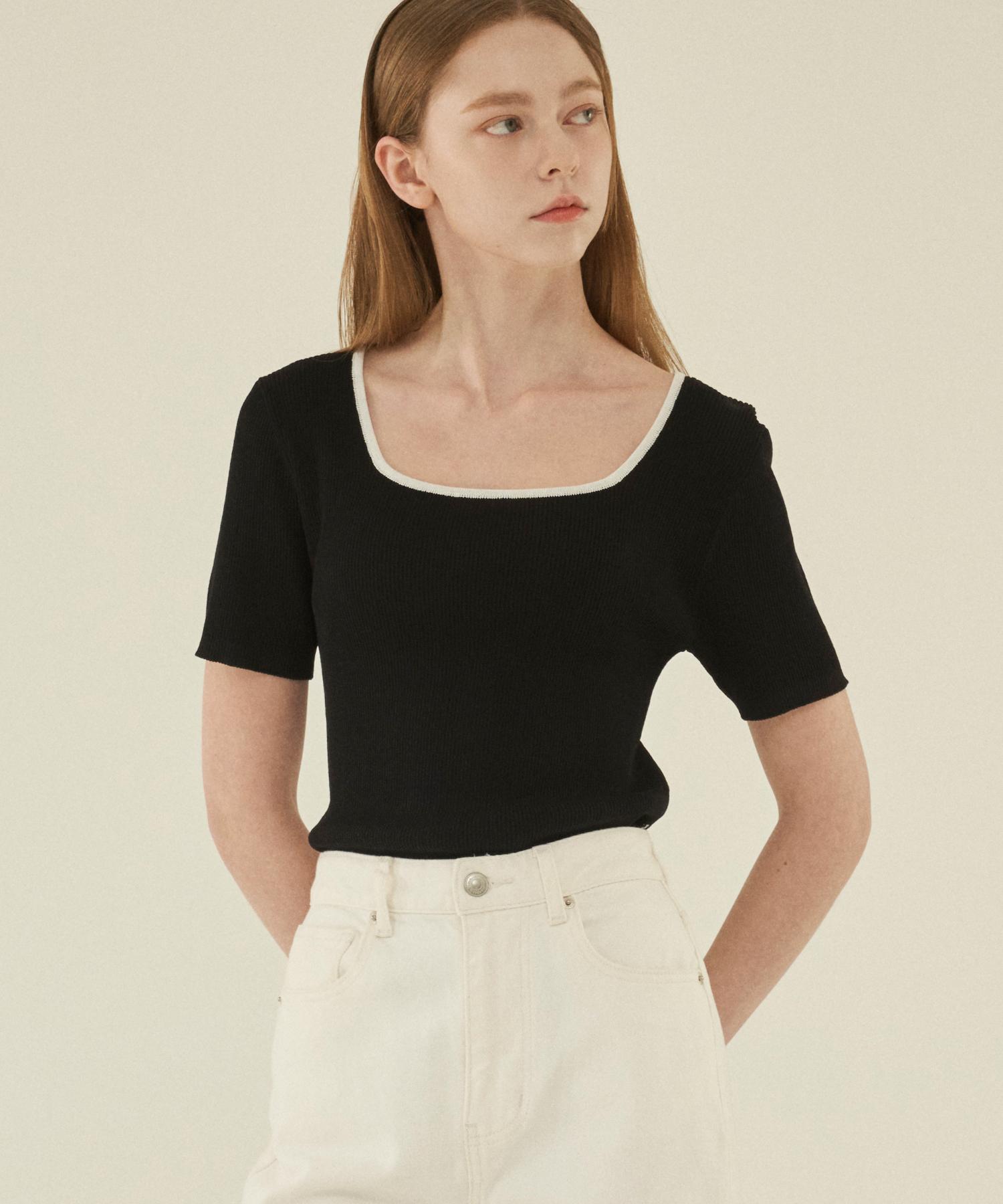 210 Edit Women S Square Neck Slim Ribbed Short Sleeve Knit - Black Ze2Sw643 Black/85