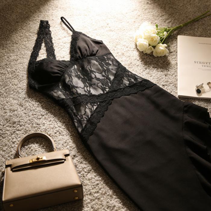 French sexy lace hollow suspender dress women s design sense nightclub fashion temptation ruffle edge split dress S