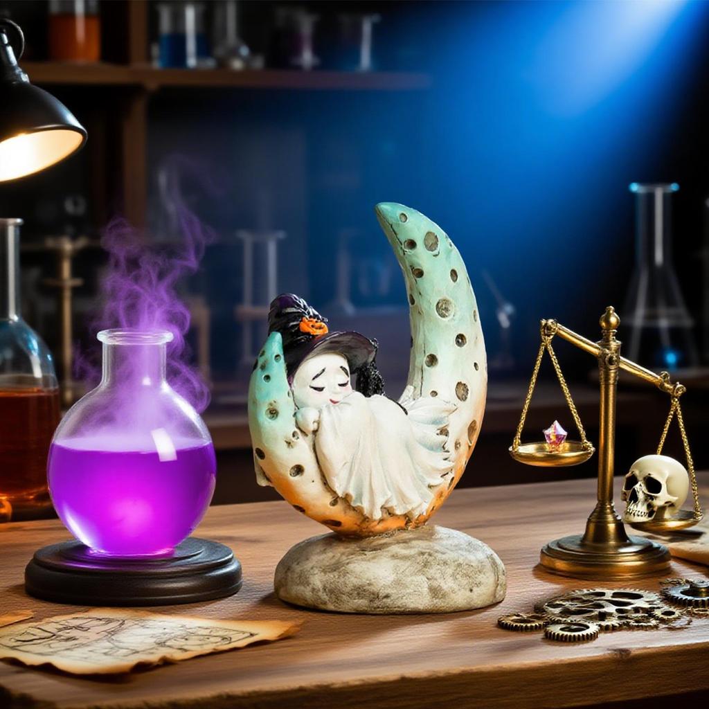 Creative mermaid moon little ghost Figurines  with Witch Hat Halloween resin craft Home Decor living room decoration for Holiday