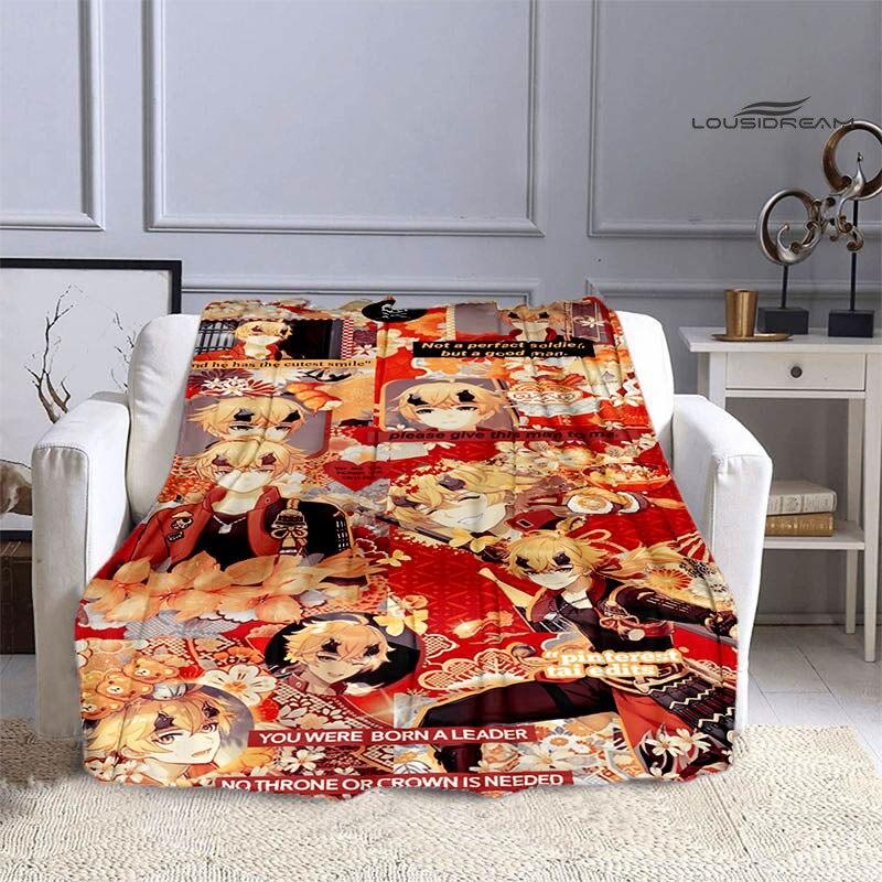 Deka Genshin s kresleným potiskem flanelová měkká a pohodlná deka rozkládací pohovka, kterou musíte mít jako dárek k narozeninám