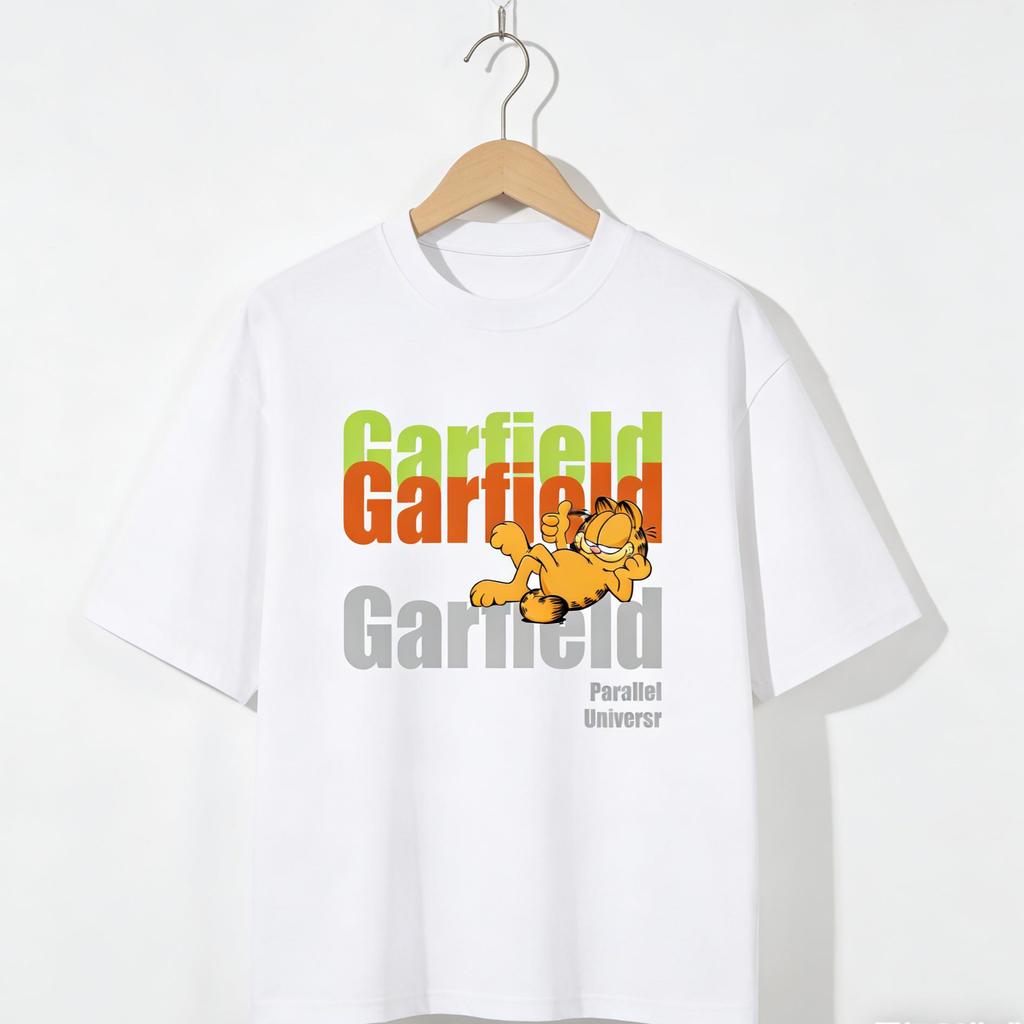 Garfield "Parallel Universe" Layered Color Letter Print Short Sleeve T-Shirt, American Streetwear Heavyweight Cotton Loose Fit Oversized Couple Top
