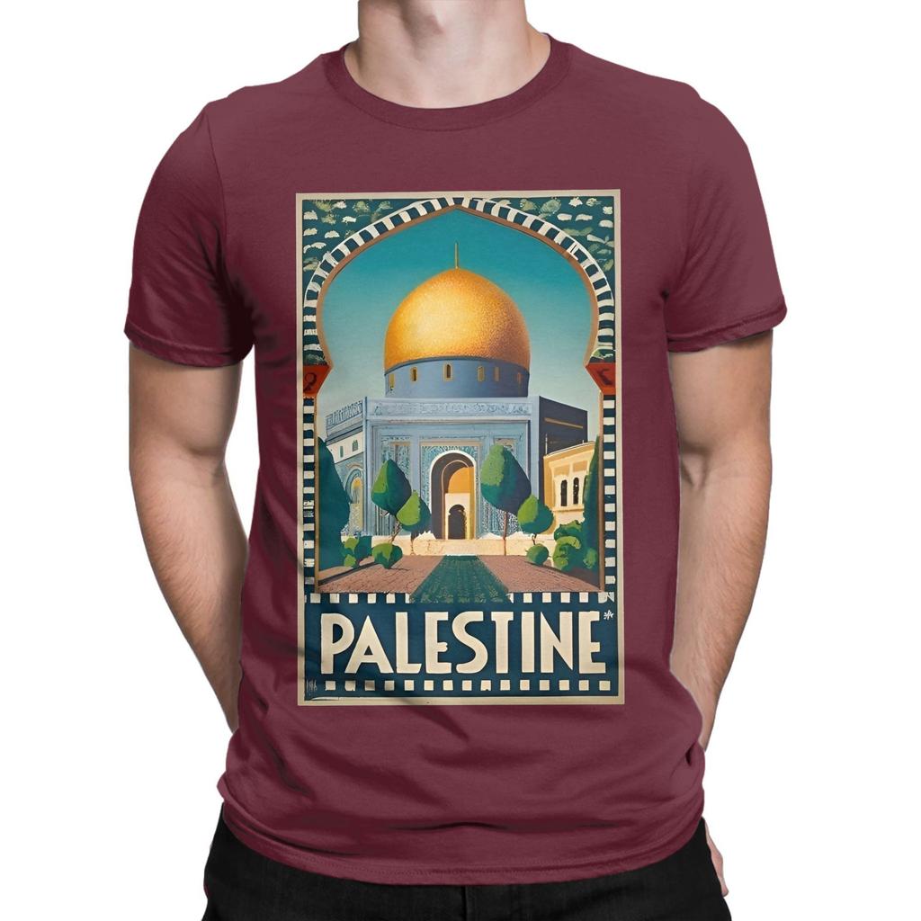 Humor Floral Palestinian Flag TShirts for Men Round Neck Pure Cotton T Shirt Short Sleeve Tee Shirt Printing Tops