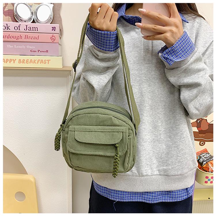 Vintage Corduroy Crossbody Bag for Students: Japanese Style, Versatile, Canvas, Small Phone Holder