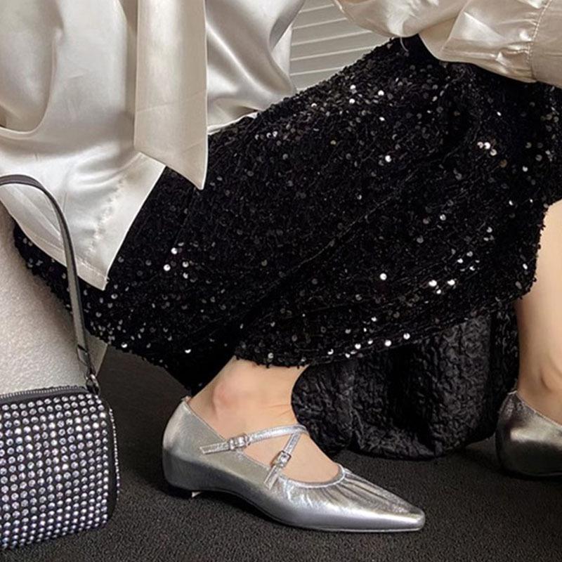 

Sheepskin version~ French gentle wind silver pleated cross strap Mary Jane women s shoes pointed inner height increase leather single shoes 40