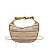 Stylish Woven Texture Pillow Bag Women Color Block Stripe Chain Shoulder Handbag Medium PU Leather Crossbody